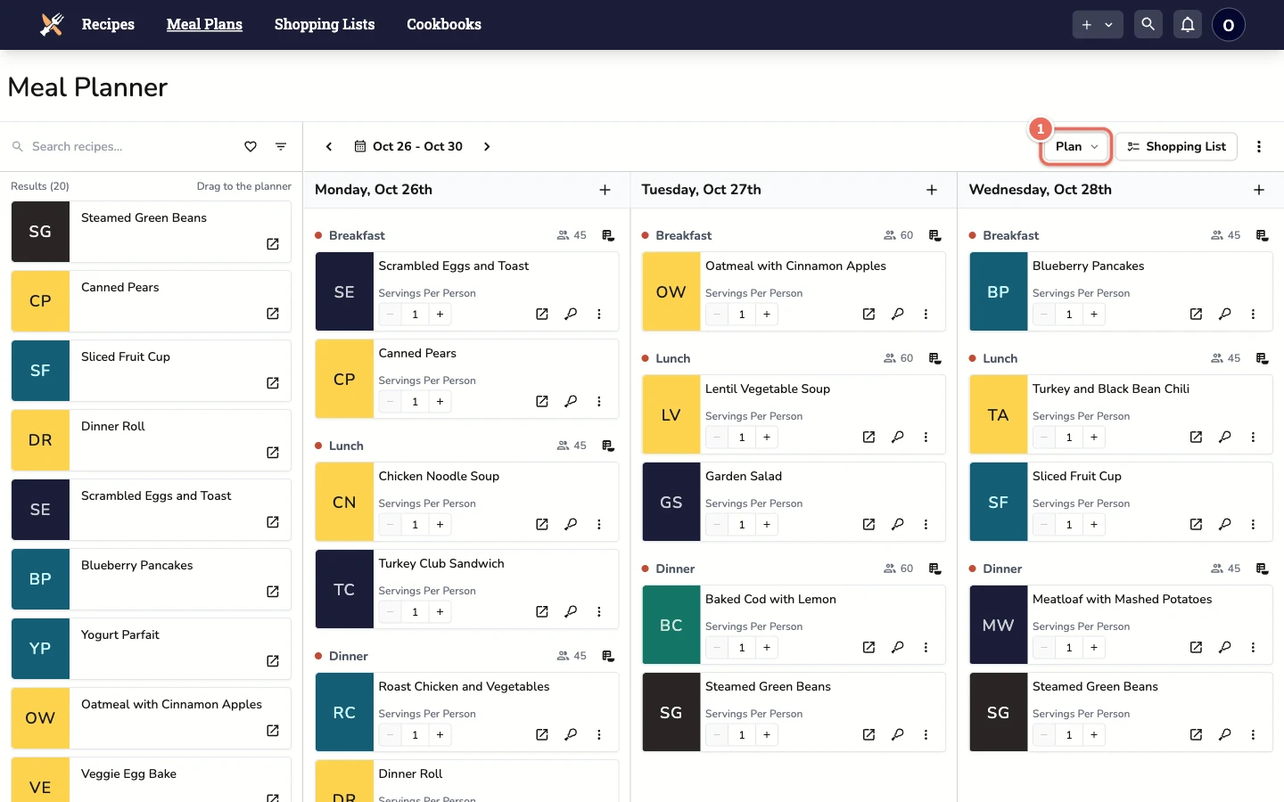 Plan button in the meal planner toolbar
