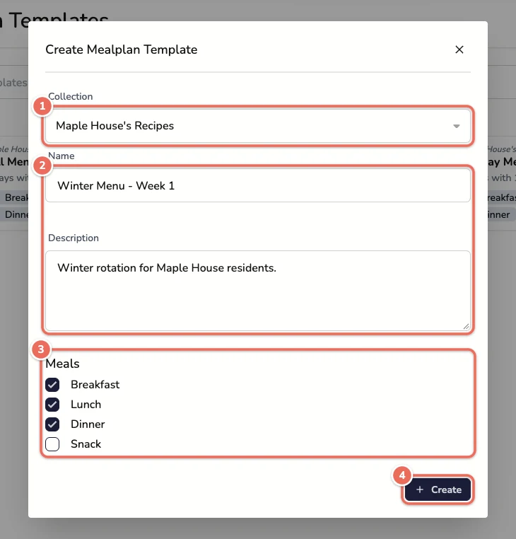 Create template dialog