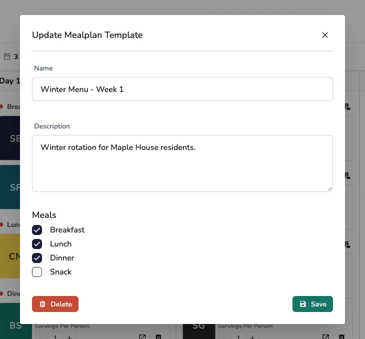Update template dialog