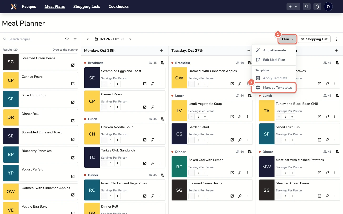Manage Templates in the Plan menu