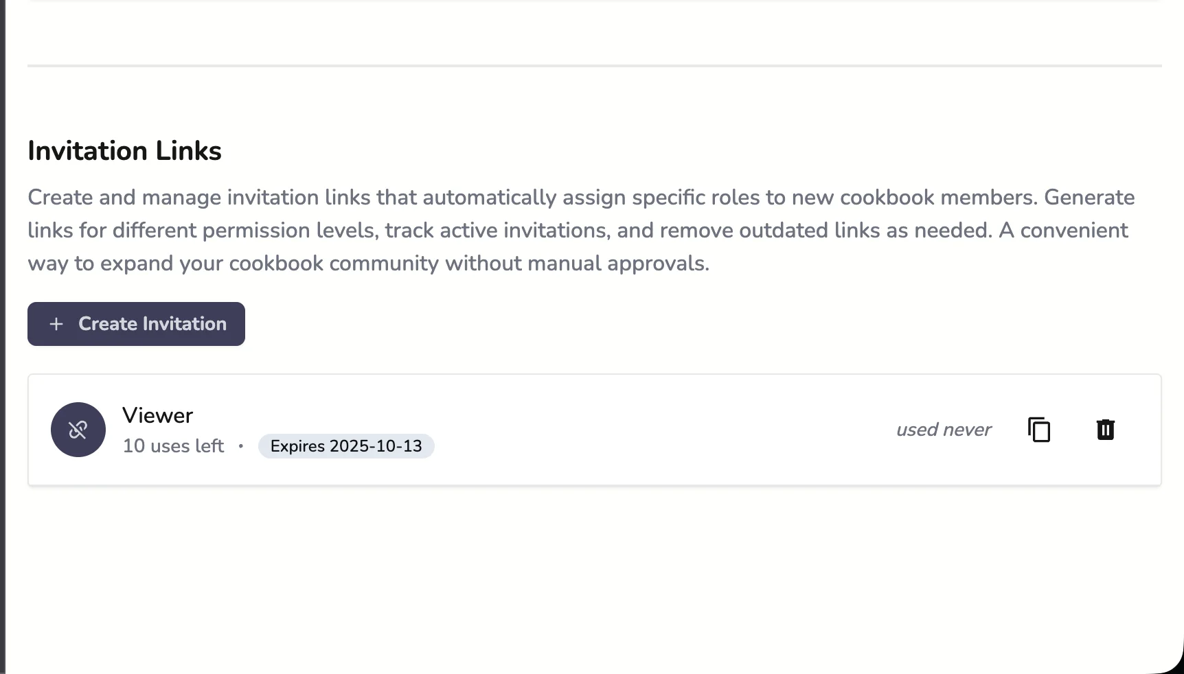 Invitation Links section